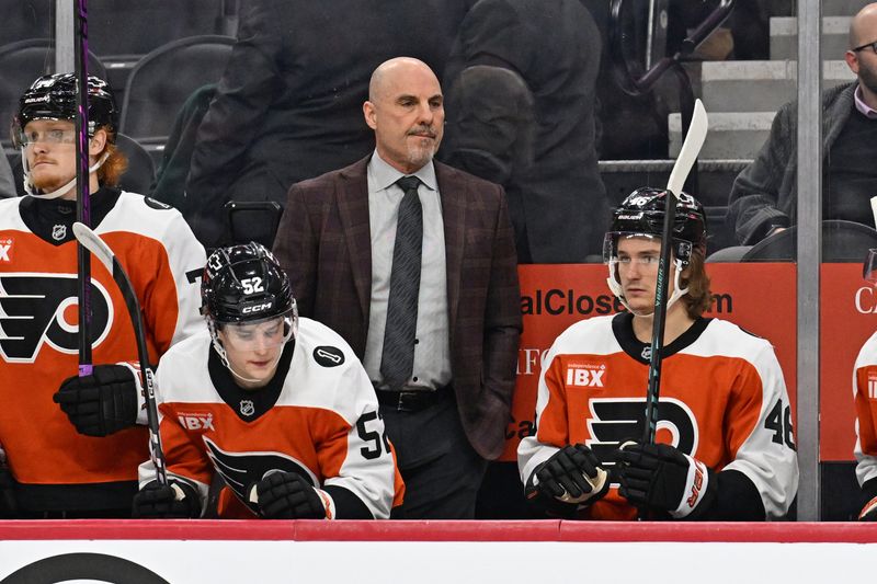 Jan 6, 2026; Philadelphia, Pennsylvania, USA; Philadelphia Flyers head coach Rick Tocchet behind the bench against the Anaheim Ducks at Xfinity Mobile Arena. Mandatory Credit: Eric Hartline-Imagn Images