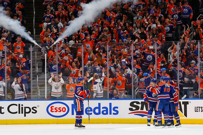 May 1, 2024; Edmonton, Alberta, CAN; The Edmonton Oilers celebrate a goal scored by forward Ryan Nugent-Hopkins (93) during the second period against the Los Angeles Kings in game five of the first round of the 2024 Stanley Cup Playoffs at Rogers Place. Mandatory Credit: Perry Nelson-USA TODAY Sports