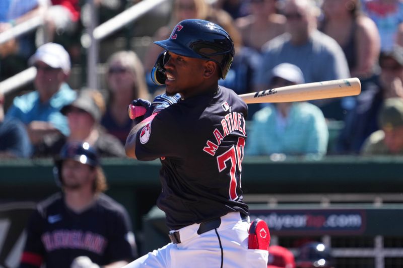 Mar 2, 2024; Goodyear, Arizona, USA; Cleveland Guardians first baseman Kyle Manzardo bats against the Kansas City Royals during the first inning at Goodyear Ballpark. Mandatory Credit: Joe Camporeale-USA TODAY Sports