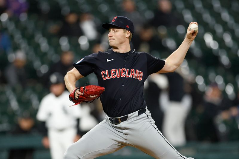 May 9, 2024; Chicago, Illinois, USA; Cleveland Guardians relief pitcher Tim Herrin (29) delivers a pitch against the Chicago White Sox during the eight inning at Guaranteed Rate Field. Mandatory Credit: Kamil Krzaczynski-USA TODAY Sports