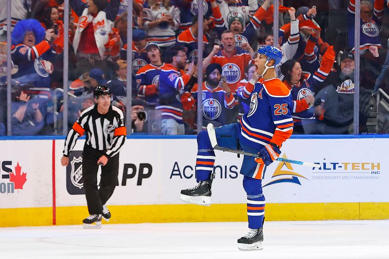 May 1, 2025; Edmonton, Alberta, CAN; Edmonton Oilers defensemen Darnell Nurse (25) celebrates after scoring a goal during the second period  against the Los Angelos Kings in game six of the first round of the 2025 Stanley Cup Playoffs at Rogers Place. Mandatory Credit: Perry Nelson-Imagn Images