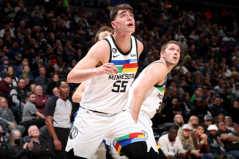 MINNEAPOLIS, MN -  FEBRUARY 3: Luka Garza #55 boxes out during the game against the Orlando Magic on February 3, 2023 at Target Center in Minneapolis, Minnesota. NOTE TO USER: User expressly acknowledges and agrees that, by downloading and or using this Photograph, user is consenting to the terms and conditions of the Getty Images License Agreement. Mandatory Copyright Notice: Copyright 2023 NBAE (Photo by David Sherman/NBAE via Getty Images)