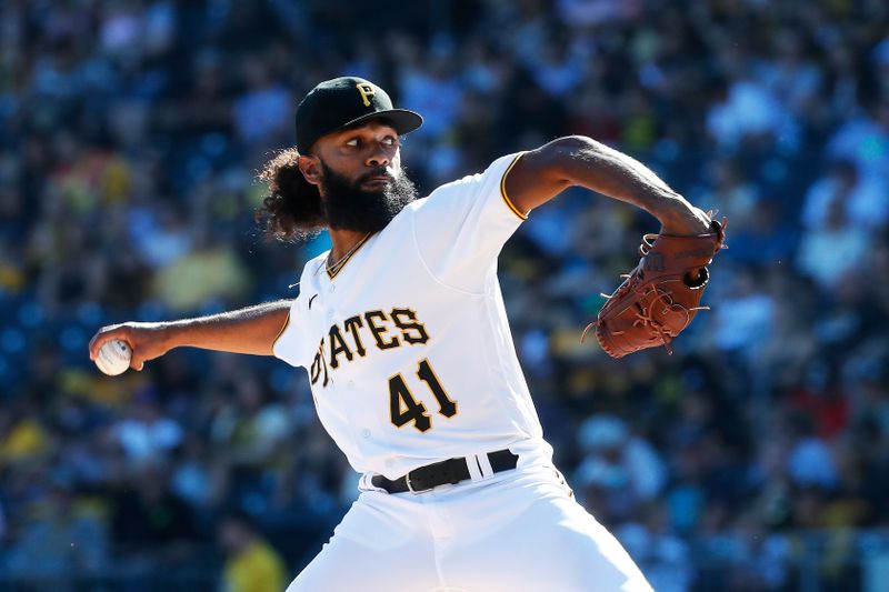 Oct 1, 2023; Pittsburgh, Pennsylvania, USA;  Pittsburgh Pirates starting pitcher Andre Jackson (41) delivers a pitch against the Miami Marlins during the second inning at PNC Park. Mandatory Credit: Charles LeClaire-USA TODAY Sports