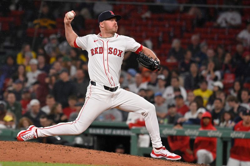 May 15, 2024; Boston, Massachusetts, USA; Boston Red Sox pitcher Chase Anderson (48) pitches against the Tampa Bay Rays during the ninth inning at Fenway Park. Mandatory Credit: Eric Canha-USA TODAY Sports