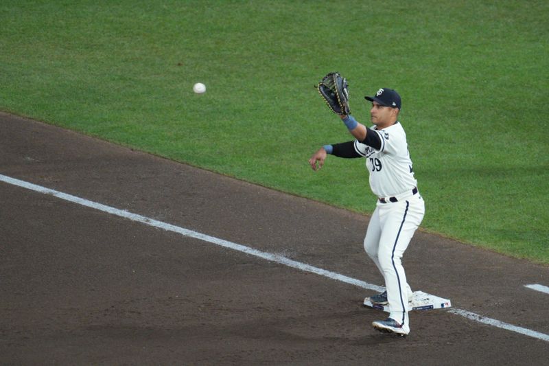 Oct 11, 2023; Minneapolis, Minnesota, USA; Minnesota Twins outfielder Alex Kirilloff (19) makes a catch for an out in the fifth inning against the Houston Astros during game four of the ALDS for the 2023 MLB playoffs at Target Field. Mandatory Credit: Matt Blewett-USA TODAY Sports