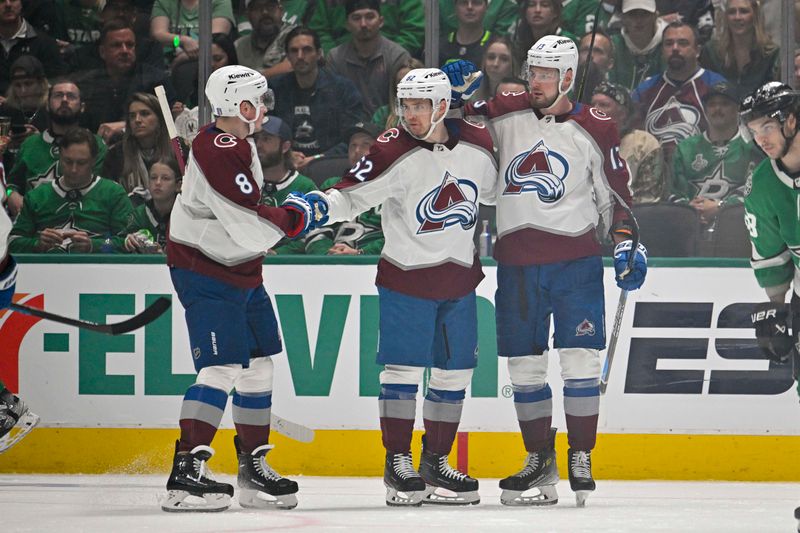 May 7, 2024; Dallas, Texas, USA; Colorado Avalanche right wing Valeri Nichushkin (13) and left wing Artturi Lehkonen (62) and defenseman Cale Makar (8) celebrates a power pay goal scored by Nichushkin against the Dallas Stars during the second period in game one of the second round of the 2024 Stanley Cup Playoffs at American Airlines Center. Mandatory Credit: Jerome Miron-USA TODAY Sports