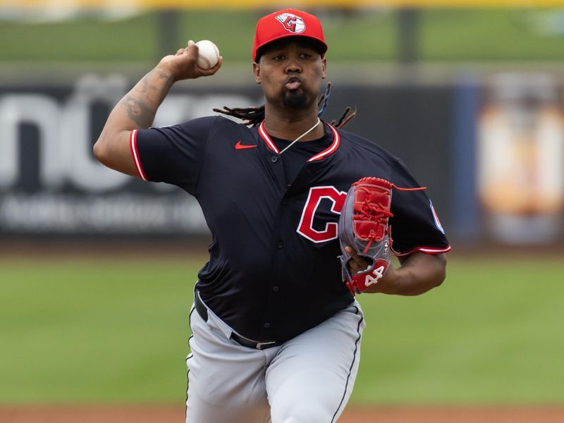 Mar 3, 2025; Peoria, Arizona, USA; Cleveland Guardians pitcher Luis L. Ortiz against the Seattle Mariners during a spring training game at Peoria Sports Complex. Mandatory Credit: Mark J. Rebilas-Imagn Images