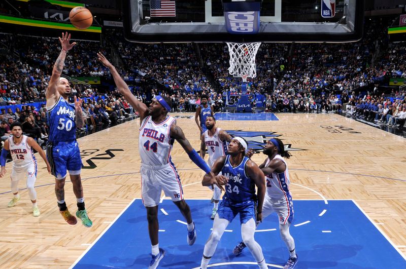 ORLANDO, FL - JANUARY 19: Cole Anthony #50 of the Orlando Magic shoots the ball during the game against the Philadelphia 76ers on January 19, 2024 at the Kia Center in Orlando, Florida. NOTE TO USER: User expressly acknowledges and agrees that, by downloading and or using this photograph, User is consenting to the terms and conditions of the Getty Images License Agreement. Mandatory Copyright Notice: Copyright 2024 NBAE (Photo by Fernando Medina/NBAE via Getty Images)