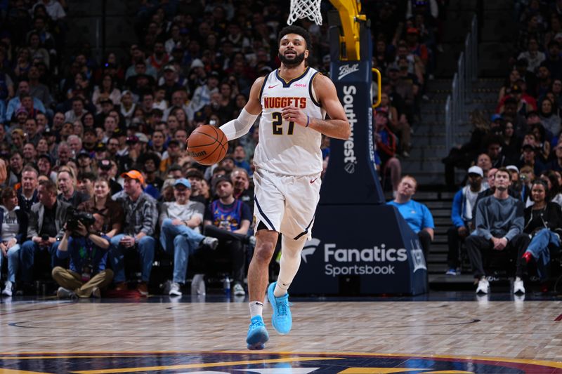 DENVER, CO - MARCH 21: Jamal Murray #27 of the Denver Nuggets dribbles the ball during the game against the New York Knicks on March 21, 2024 at the Ball Arena in Denver, Colorado. NOTE TO USER: User expressly acknowledges and agrees that, by downloading and/or using this Photograph, user is consenting to the terms and conditions of the Getty Images License Agreement. Mandatory Copyright Notice: Copyright 2024 NBAE (Photo by Garrett Ellwood/NBAE via Getty Images)