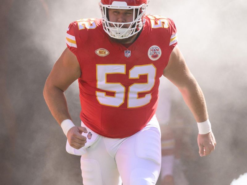 Kansas City Chiefs center Creed Humphrey comes onto the field during introductions before an NFL football game against the Chicago Bears, Sunday, Sept. 24, 2023 in Kansas City, Mo. (AP Photo/Reed Hoffmann)