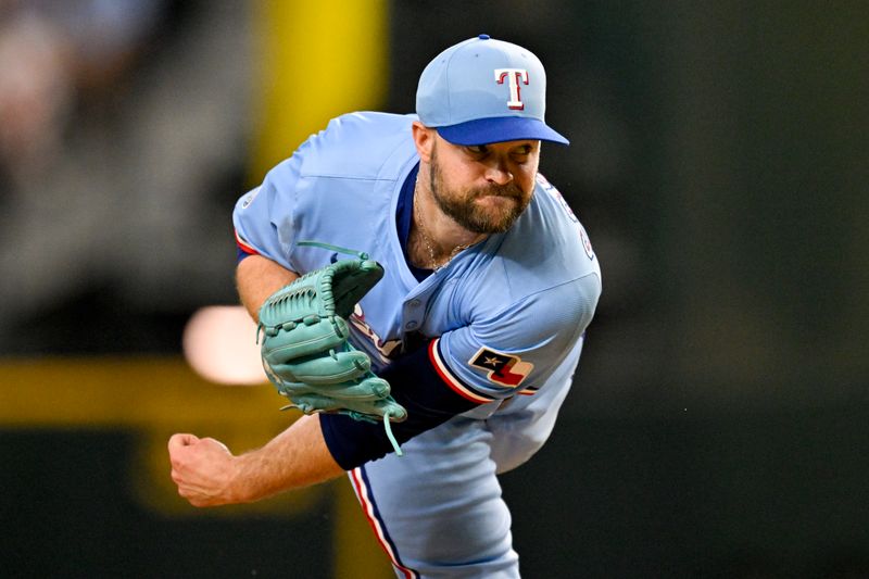 Aug 24, 2025; Arlington, Texas, USA; Texas Rangers relief pitcher Danny Coulombe (54) pitches against the Cleveland Guardians during the eighth inning at Globe Life Field. Mandatory Credit: Jerome Miron-Imagn Images