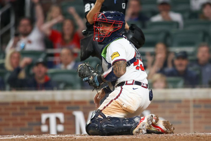 Apr 24, 2024; Atlanta, Georgia, USA; Atlanta Braves catcher Chadwick Tromp (45) reacts after tagging out Miami Marlins center fielder Jazz Chisholm Jr. (not pictured) in the ninth inning at Truist Park. Mandatory Credit: Brett Davis-USA TODAY Sports