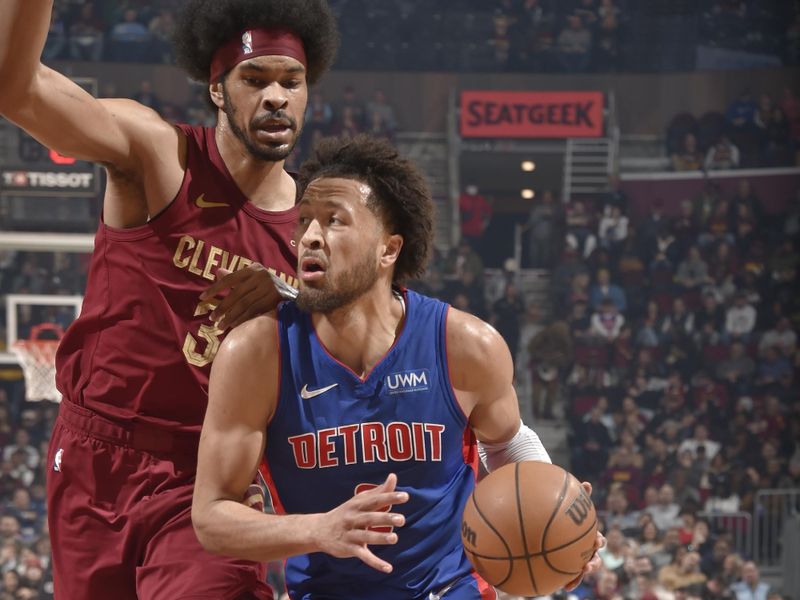 CLEVELAND, OH - JANUARY 31: Cade Cunningham #2 of the Detroit Pistons drives to the basket during the game against the Cleveland Cavaliers on January 31, 2024 at Rocket Mortgage FieldHouse in Cleveland, Ohio. NOTE TO USER: User expressly acknowledges and agrees that, by downloading and/or using this Photograph, user is consenting to the terms and conditions of the Getty Images License Agreement. Mandatory Copyright Notice: Copyright 2024 NBAE (Photo by David Liam Kyle/NBAE via Getty Images)