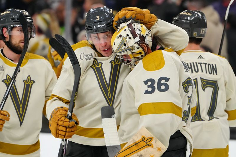 Mar 21, 2024; Las Vegas, Nevada, USA; Vegas Golden Knights defenseman Brayden McNabb (3) congratulates Vegas Golden Knights goaltender Logan Thompson (36) after the Golden Knights defeated the Seattle Kraken 3-1 at T-Mobile Arena. Mandatory Credit: Stephen R. Sylvanie-USA TODAY Sports