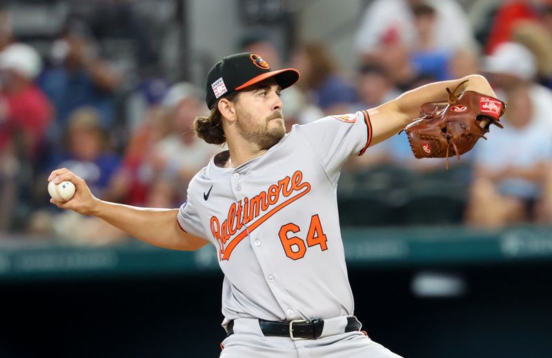 Jul 21, 2024; Arlington, Texas, USA;  Baltimore Orioles starting pitcher Dean Kremer (64) throws during the first inning against the Texas Rangers at Globe Life Field. Mandatory Credit: Kevin Jairaj-USA TODAY Sports