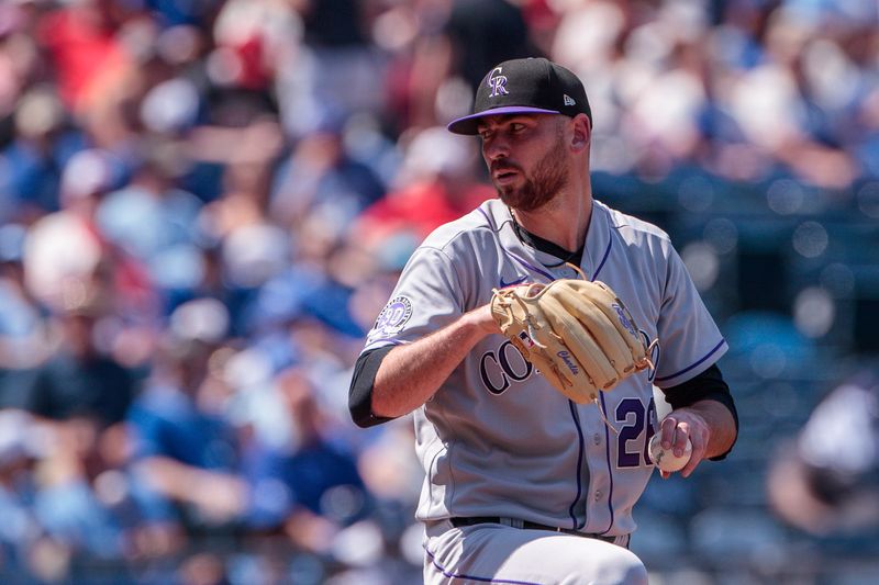 Jun 3, 2023; Kansas City, Missouri, USA;  Colorado Rockies starting pitcher Austin Gomber (26) pitches during the first inning against the Kansas City Royals at Kauffman Stadium. Mandatory Credit: William Purnell-USA TODAY Sports