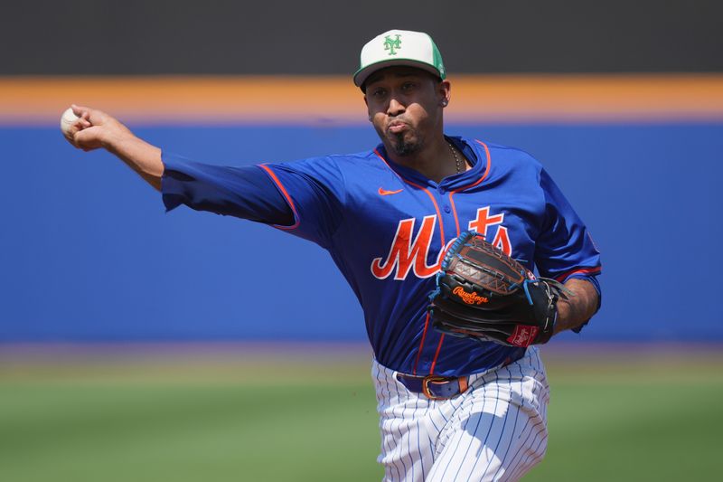 Mar 17, 2024; Port St. Lucie, Florida, USA;  New York Mets relief pitcher Edwin Diaz (39) warms-up in the seventh inning against the Miami Marlins at Clover Park. Mandatory Credit: Jim Rassol-USA TODAY Sports 