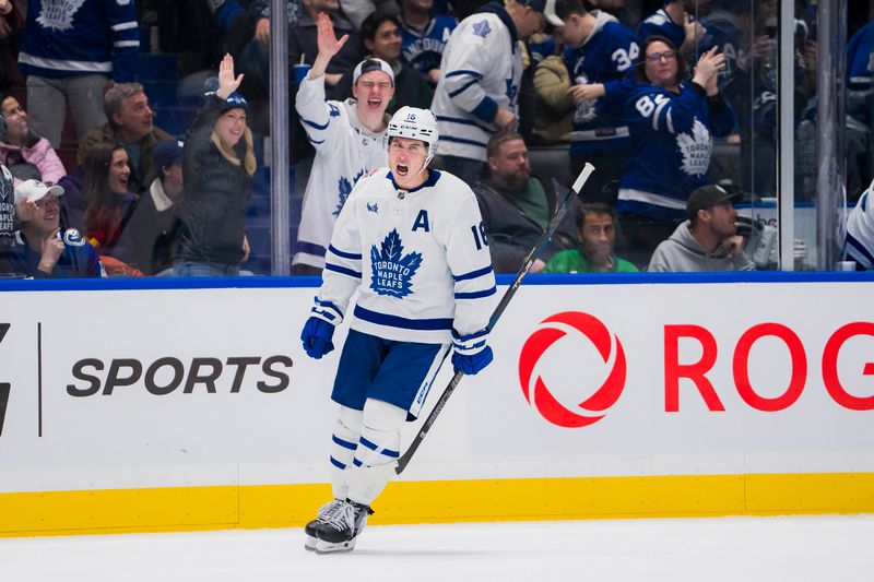 Jan 20, 2024; Vancouver, British Columbia, CAN; Toronto Maple Leafs forward Mitchell Marner (16) celebrates a goal against the Vancouver Canucks in the third period at Rogers Arena. Canucks won 6-4. Mandatory Credit: Bob Frid-USA TODAY Sports