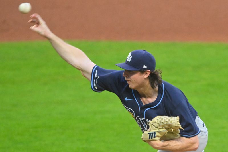 Sep 12, 2024; Cleveland, Ohio, USA; Tampa Bay Rays starting pitcher Ryan Pepiot (44) delivers a pitch in the first inning against the Cleveland Guardians at Progressive Field. Mandatory Credit: David Richard-Imagn Images