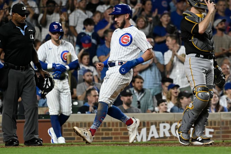 Sep 20, 2023; Chicago, Illinois, USA; Chicago Cubs third baseman Miles Mastrobuoni (20) scores during the sixth inning against the Pittsburgh Pirates at Wrigley Field. Mandatory Credit: Matt Marton-USA TODAY Sports