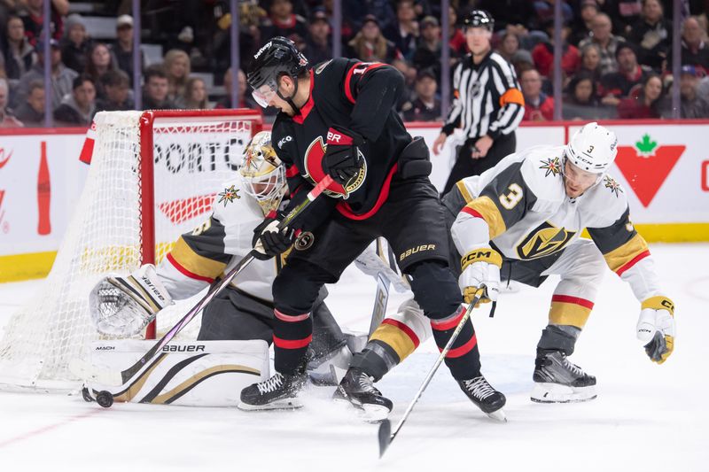 Feb 24, 2024; Ottawa, Ontario, CAN; Vegas Golden Knights goalie Logan Thompson (36) makes a save on a shot from Ottawa Senators right wing Drake batherson (19) in the first period at the Canadian Tire Centre. Mandatory Credit: Marc DesRosiers-USA TODAY Sports