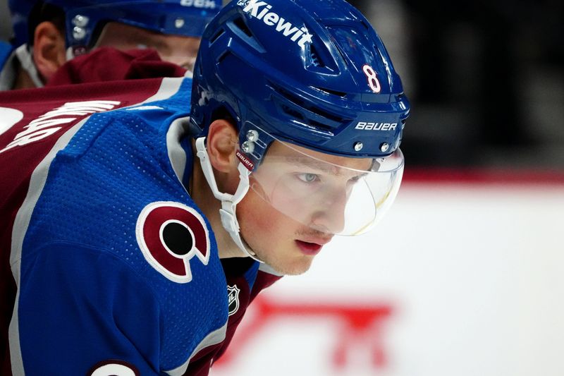 Nov 22, 2023; Denver, Colorado, USA; Colorado Avalanche defenseman Cale Makar (8) during the first period against the Vancouver Canucks at Ball Arena. Mandatory Credit: Ron Chenoy-USA TODAY Sports