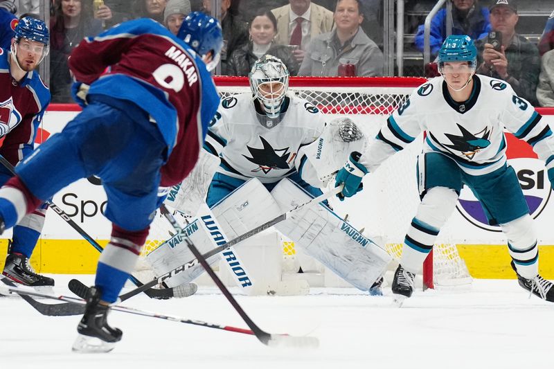 Dec 31, 2023; Denver, Colorado, USA; San Jose Sharks goaltender Kaapo Kahkonen (36) defends his net in the third period against the Colorado Avalanche at Ball Arena. Mandatory Credit: Ron Chenoy-USA TODAY Sports