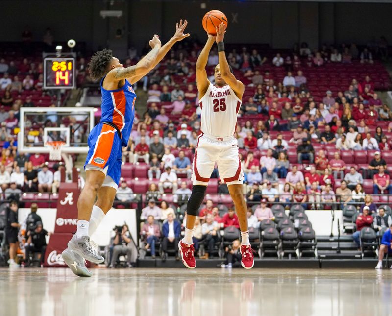 Feb 8, 2023; Tuscaloosa, Alabama, USA; Alabama Crimson Tide Nimbi Burnett (25) shoots against Florida Gators guard Will Richard (5) during the second half at Coleman Coliseum. Mandatory Credit: Marvin Gentry-USA TODAY Sports