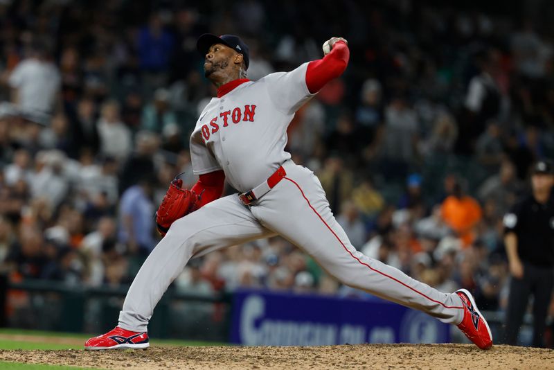 May 14, 2025; Detroit, Michigan, USA;  Boston Red Sox pitcher Aroldis Chapman (44) pitches in the ninth inning against the Detroit Tigers at Comerica Park. Mandatory Credit: Rick Osentoski-Imagn Images