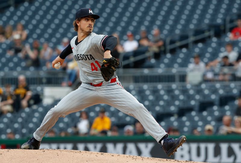 Jun 7, 2024; Pittsburgh, Pennsylvania, USA;  Minnesota Twins starting pitcher Joe Ryan (41) delivers a pitch against the Pittsburgh Pirates during the first inning at PNC Park. Mandatory Credit: Charles LeClaire-USA TODAY Sports