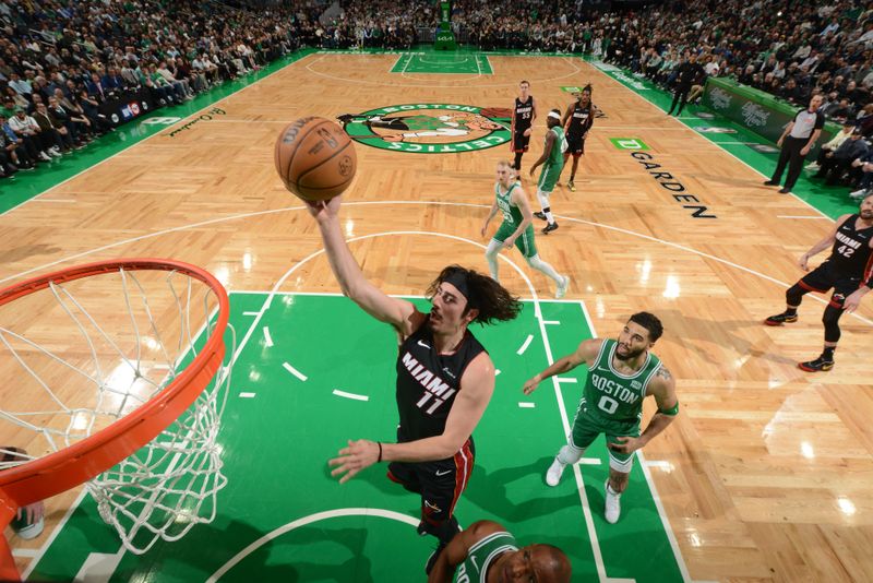 BOSTON, MA - APRIL 24: Jaime Jaquez Jr. #11 of the Miami Heat goes to the basket during the game against the Boston Celtics during Round 1 Game 2 of the 2024 NBA Playoffs on April 24, 2024 at the TD Garden in Boston, Massachusetts. NOTE TO USER: User expressly acknowledges and agrees that, by downloading and or using this photograph, User is consenting to the terms and conditions of the Getty Images License Agreement. Mandatory Copyright Notice: Copyright 2024 NBAE  (Photo by Brian Babineau/NBAE via Getty Images)