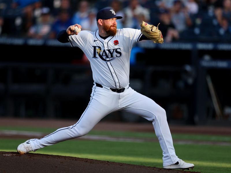 May 26, 2025; Tampa, Florida, USA; Tampa Bay Rays starting pitcher Zack Littell (52) throws a pitch against the Minnesota Twins in the first inning at George M. Steinbrenner Field. Mandatory Credit: Nathan Ray Seebeck-Imagn Images