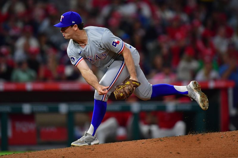 Sep 27, 2024; Anaheim, California, USA; Texas Rangers pitcher Matt Festa (63) throws against the Los Angeles Angels during the fifth inning at Angel Stadium. Mandatory Credit: Gary A. Vasquez-Imagn Images