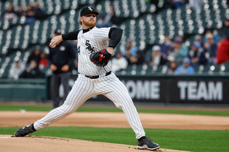 Apr 30, 2025; Chicago, Illinois, USA; Chicago White Sox starting pitcher Shane Smith (64) delivers a pitch against the Milwaukee Brewers during the first inning at Rate Field. Mandatory Credit: Kamil Krzaczynski-Imagn Images