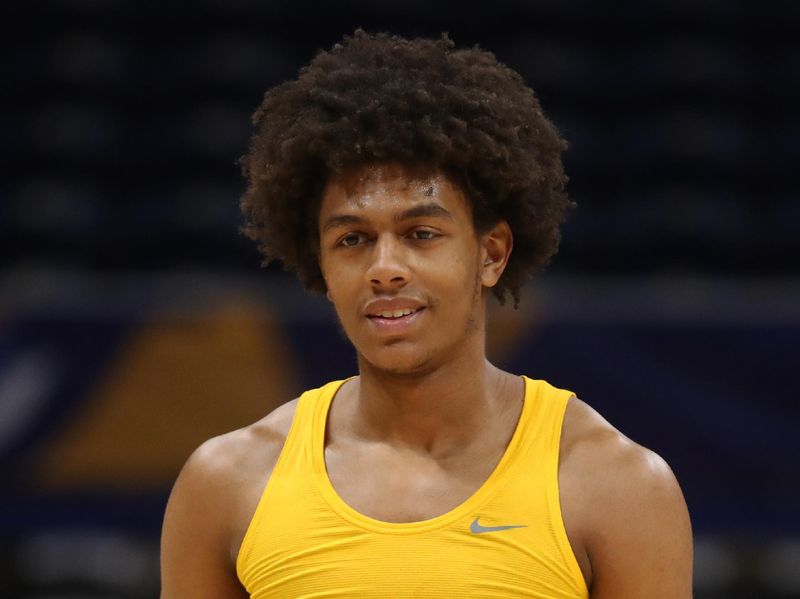 Feb 15, 2025; Pittsburgh, Pennsylvania, USA; Pittsburgh Panthers guard Brandin Cummings (3) warms up before the game against the Miami (Fl) Hurricanes at the Petersen Events Center. Mandatory Credit: Charles LeClaire-Imagn Images