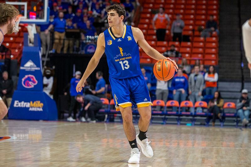 Jan 3, 2023; Boise, Idaho, USA; San Jose State Spartans guard Alvaro Cardenas (13) works the back court during the first half against the Boise State Broncos at ExtraMile Arena. Mandatory Credit: Brian Losness-USA TODAY Sports