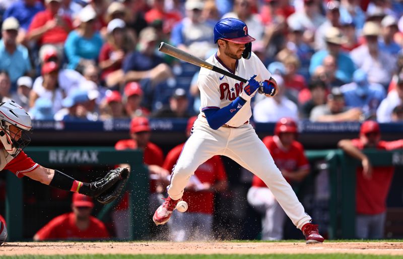 Aug 30, 2023; Philadelphia, Pennsylvania, USA; Philadelphia Phillies shortstop Trea Turner (7) is hit by a pitch against the Los Angeles Angels in the first inning at Citizens Bank Park. Mandatory Credit: Kyle Ross-USA TODAY Sports