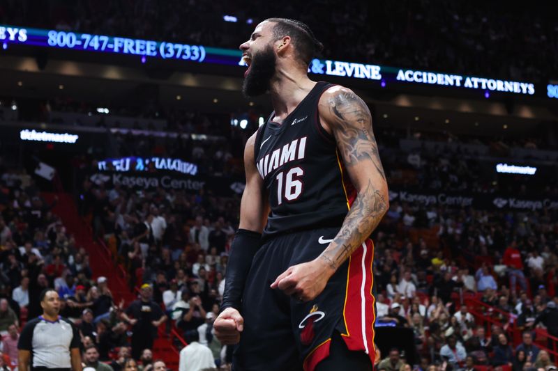 MIAMI, FLORIDA - FEBRUARY 06: Caleb Martin #16 of the Miami Heat reacts after making a basket against the Orlando Magic during the third quarter at Kaseya Center on February 06, 2024 in Miami, Florida. NOTE TO USER: User expressly acknowledges and agrees that, by downloading and or using this photograph, User is consenting to the terms and conditions of the Getty Images License Agreement. (Photo by Megan Briggs/Getty Images)