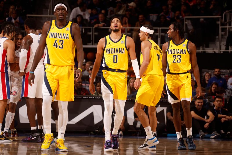 DETROIT, MI - OCTOBER 23: Tyrese Haliburton #0 of the Indiana Pacers looks on during the game against the Detroit Pistons on October 23, 2024 at Little Caesars Arena in Detroit, Michigan. NOTE TO USER: User expressly acknowledges and agrees that, by downloading and/or using this photograph, User is consenting to the terms and conditions of the Getty Images License Agreement. Mandatory Copyright Notice: Copyright 2024 NBAE (Photo by Brian Sevald/NBAE via Getty Images)