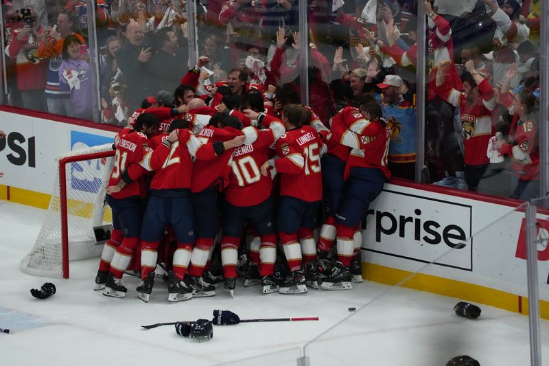 Jun 24, 2024; Sunrise, Florida, USA; Florida Panthers celebrate winning against the Edmonton Oilers in game seven of the 2024 Stanley Cup Final at Amerant Bank Arena. Mandatory Credit: Jim Rassol-USA TODAY Sports