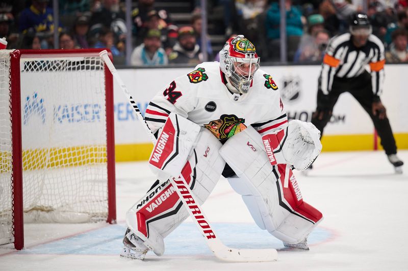 Mar 23, 2024; San Jose, California, USA; Chicago Blackhawks goaltender Petr Mrazek (34) tends goal against the San Jose Sharks during the second period at SAP Center at San Jose. Mandatory Credit: Robert Edwards-USA TODAY Sports