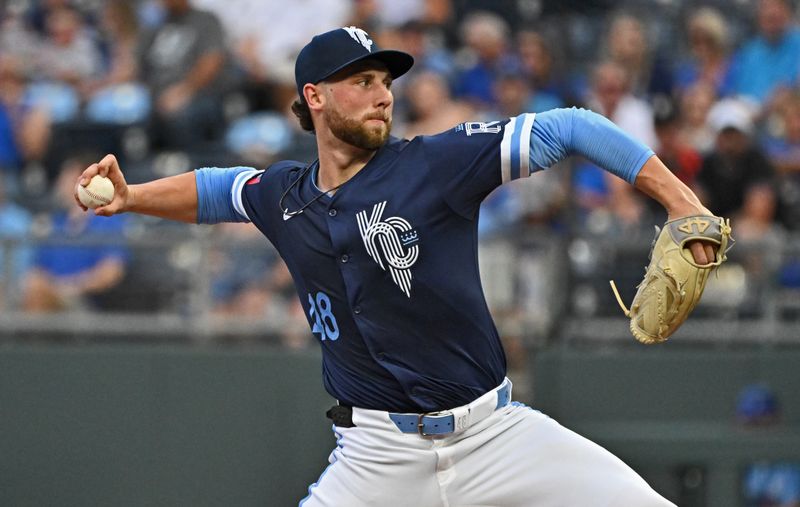 Jun 28, 2024; Kansas City, Missouri, USA;  Kansas City Royals starting pitcher Alec Marsh (48) delivers a pitch in the first inning against the Cleveland Guardians at Kauffman Stadium. Mandatory Credit: Peter Aiken-USA TODAY Sports