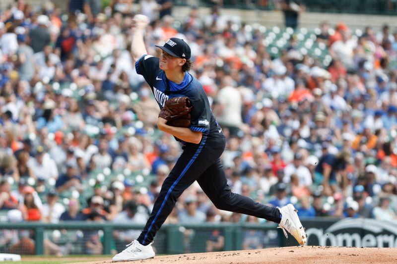 May 25, 2024; Detroit, Michigan, USA; Detroit Tigers starting pitcher Reese Olson (45) pitches in the first inning of the game against the Toronto Blue Jays  at Comerica Park. Mandatory Credit: Brian Bradshaw Sevald-USA TODAY Sports