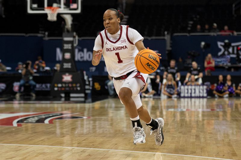 Mar 9, 2024; Kansas City, MO, USA; Oklahoma Sooners guard Nevaeh Tot (1) handles the ball against the Texas Christian Horned Frogs during the second half at T-Mobile Center. Mandatory Credit: Amy Kontras-USA TODAY Sports