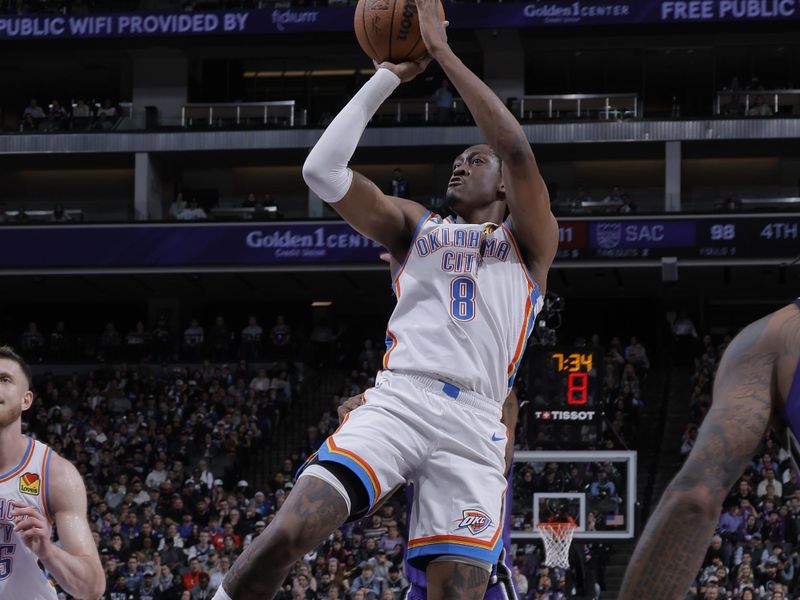 SACRAMENTO, CA - NOVEMBER 25: Jalen Williams #8 of the Oklahoma City Thunder shoots the ball during the game against the Sacramento Kings on November 25, 2024 at Golden 1 Center in Sacramento, California. NOTE TO USER: User expressly acknowledges and agrees that, by downloading and or using this Photograph, user is consenting to the terms and conditions of the Getty Images License Agreement. Mandatory Copyright Notice: Copyright 2024 NBAE (Photo by Rocky Widner/NBAE via Getty Images)