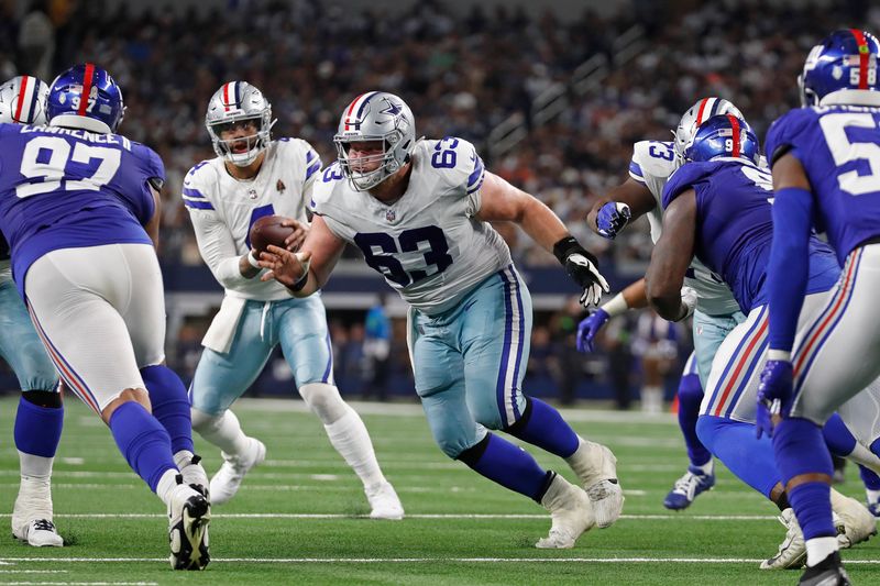 Dallas Cowboys center Tyler Biadasz (63) during an NFL football game against the New York Giants, Sunday, Nov. 12, 2023, in Arlington, TX. (AP Photo/Tyler Kaufman)