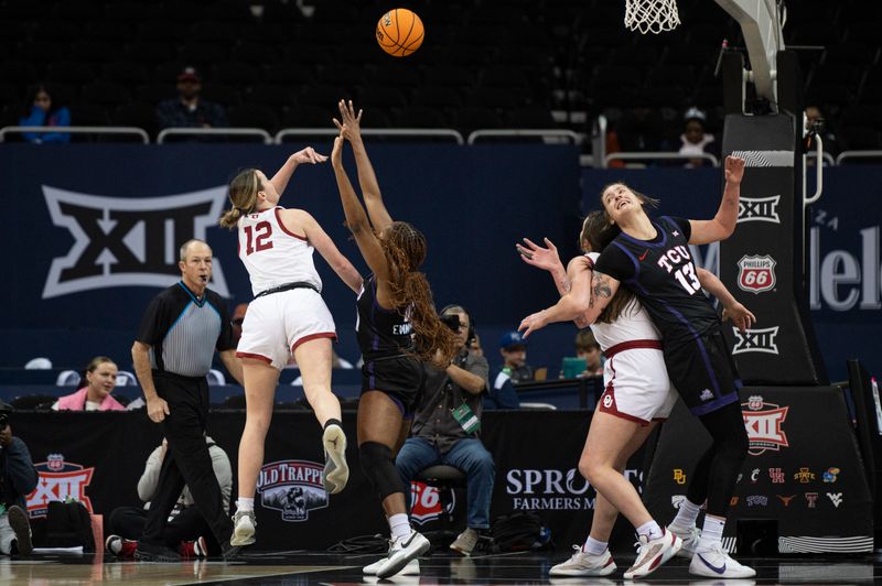 Mar 9, 2024; Kansas City, MO, USA; Oklahoma Sooners guard Payton Verhulst (12) shoots the ball against Texas Christian Horned Frogs guard Agnes Emma-Nnopu (21) during the first half at T-Mobile Center. Mandatory Credit: Amy Kontras-USA TODAY Sports