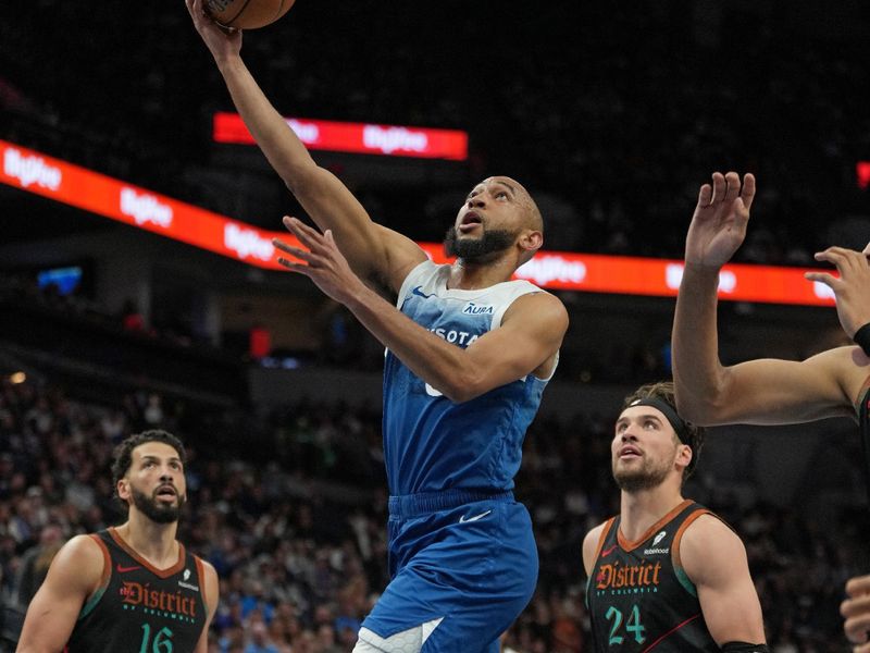 MINNEAPOLIS, MN -  APRIL 9: Jordan McLaughlin #6 of the Minnesota Timberwolves drives to the basket during the game against the Washington Wizards on April 9, 2024 at Target Center in Minneapolis, Minnesota. NOTE TO USER: User expressly acknowledges and agrees that, by downloading and or using this Photograph, user is consenting to the terms and conditions of the Getty Images License Agreement. Mandatory Copyright Notice: Copyright 2024 NBAE (Photo by Jordan Johnson/NBAE via Getty Images)