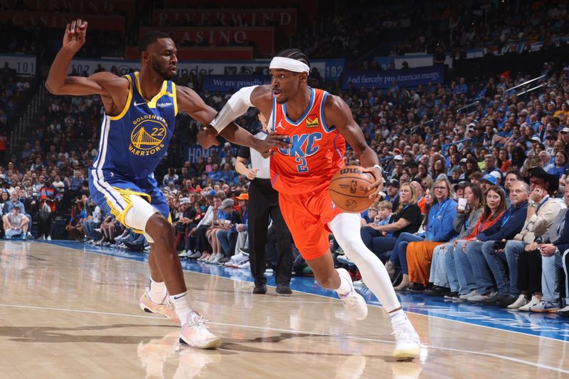 OKLAHOMA CITY, OK - NOVEMBER 10: Shai Gilgeous-Alexander #2 of the Oklahoma City Thunder dribbles the ball during the game against the Golden State Warriors on November 10, 2024 at Paycom Center in Oklahoma City, Oklahoma. NOTE TO USER: User expressly acknowledges and agrees that, by downloading and or using this photograph, User is consenting to the terms and conditions of the Getty Images License Agreement. Mandatory Copyright Notice: Copyright 2024 NBAE (Photo by Nathaniel S. Butler/NBAE via Getty Images)