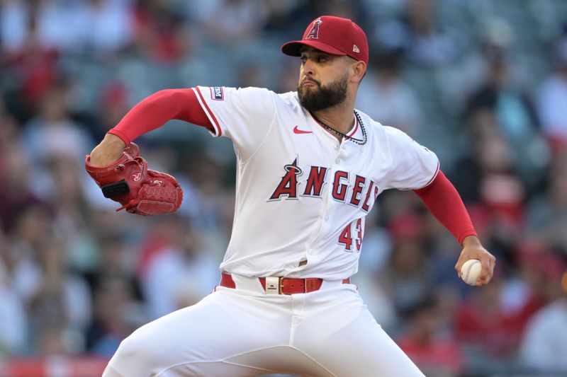 May 30, 2024; Anaheim, California, USA;  Los Angeles Angels starting pitcher Patrick Sandoval (43) delivers to the plate in the first inning against the New York Yankees at Angel Stadium. Mandatory Credit: Jayne Kamin-Oncea-USA TODAY Sports